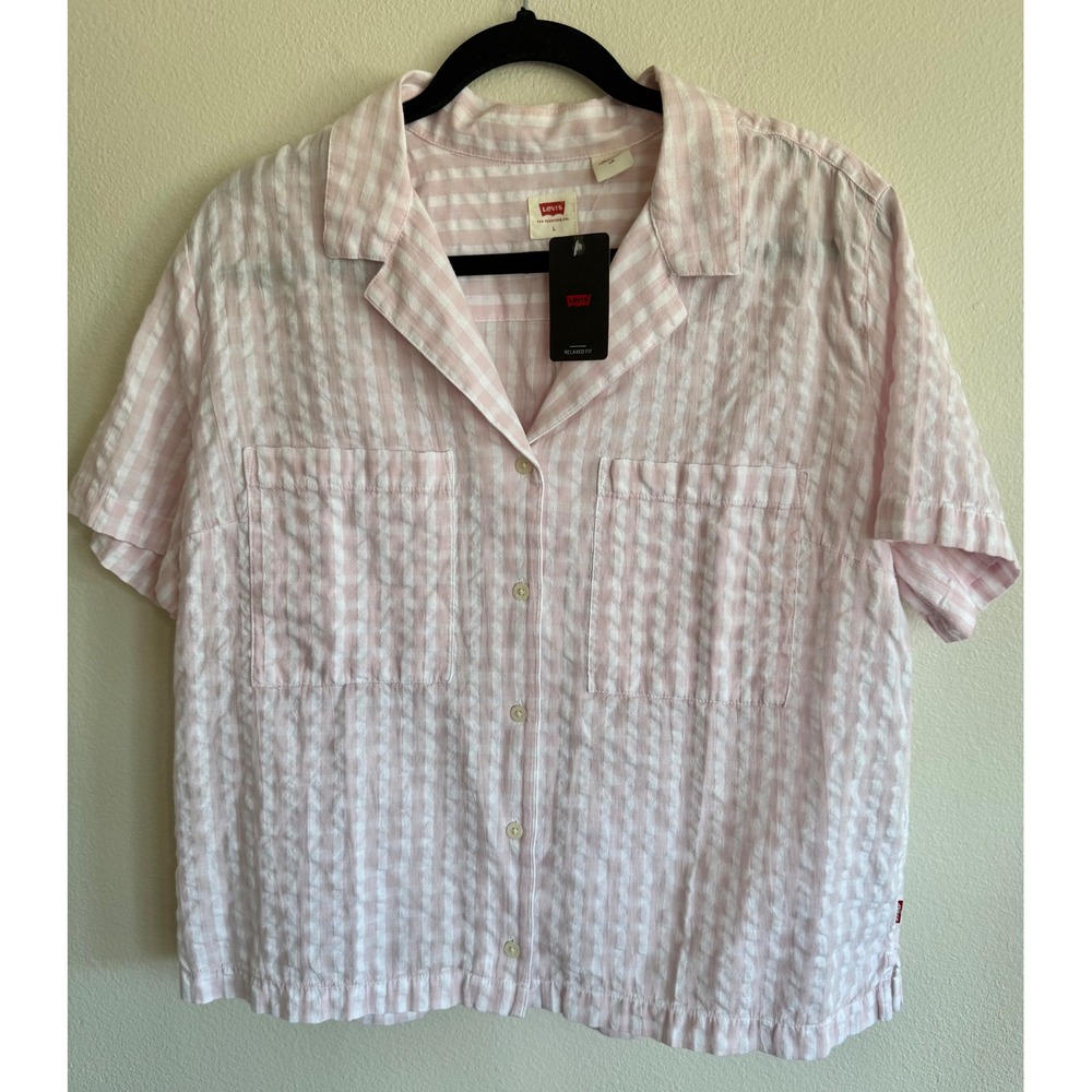Levi's Women Sonny Camp Shirt Pink Seersucker Plaid Relaxed fit Size L Retro